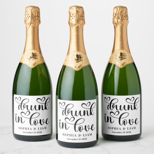 Elegant Drunk in Love Script Wedding Sparkling Wine Label (Bottles)