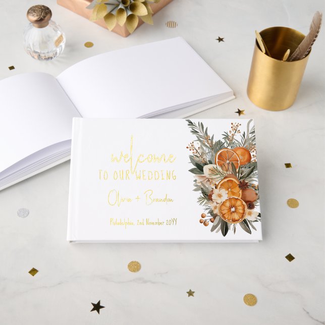 Elegant Dry Oranges Wedding Guest Book  (Front Open)