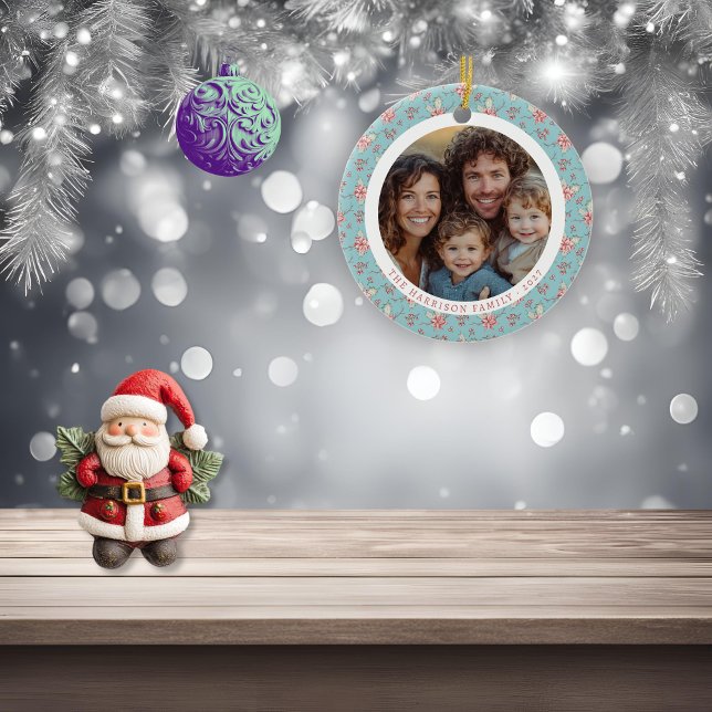 Elegant Duck Egg Holly Christmas Photo Ceramic Ornament (elegant duck egg blue holly photo hanging decoration)