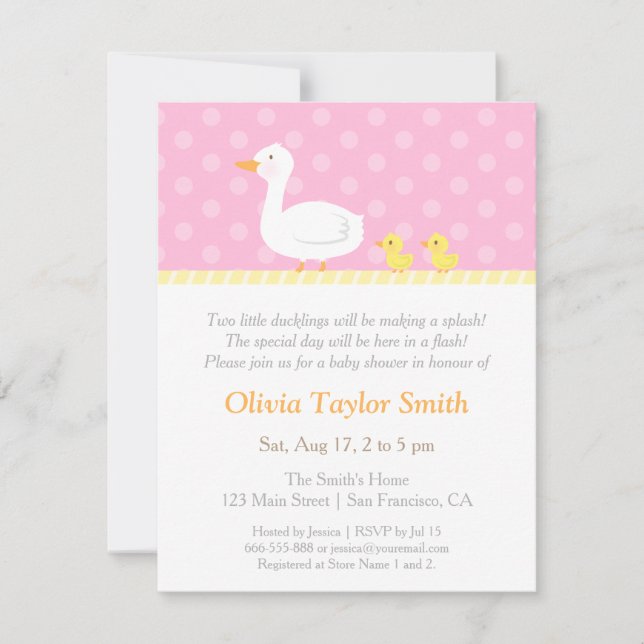 Elegant Duck Twin Girls Baby Shower Invitations (Front)