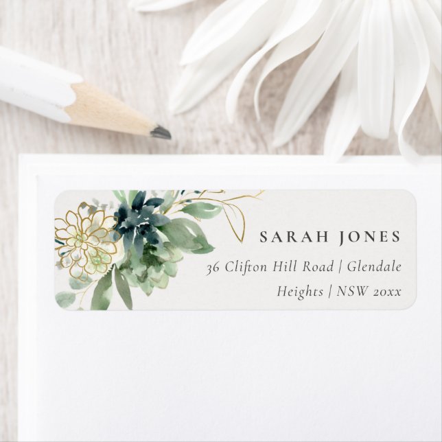 Elegant Dusky Blue Green Succulent Foliage Address Label (Insitu)