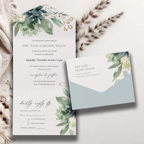 Elegant Dusky Blue Green Succulent Foliage Wedding All In One Invitation