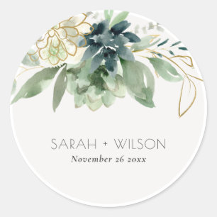 Elegant Dusky Blue Green Succulent Foliage Wedding Classic Round Sticker
