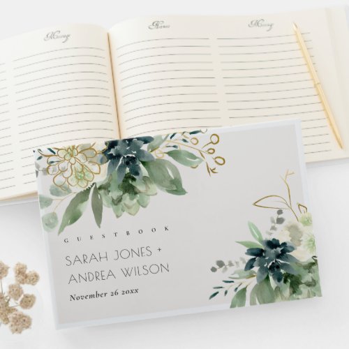 Elegant Dusky Blue Green Succulent Foliage Wedding Guest Book