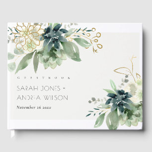 Elegant Dusky Blue Green Succulent Foliage Wedding Guest Book
