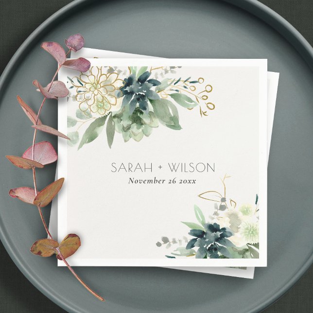 Elegant Dusky Blue Green Succulent Foliage Wedding Napkins (Creator Uploaded)