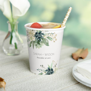 Elegant Dusky Blue Green Succulent Foliage Wedding Paper Cups