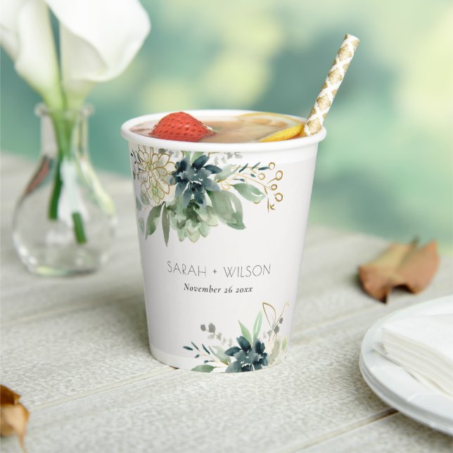 Elegant Dusky Blue Green Succulent Foliage Wedding Paper Cups (Insitu)