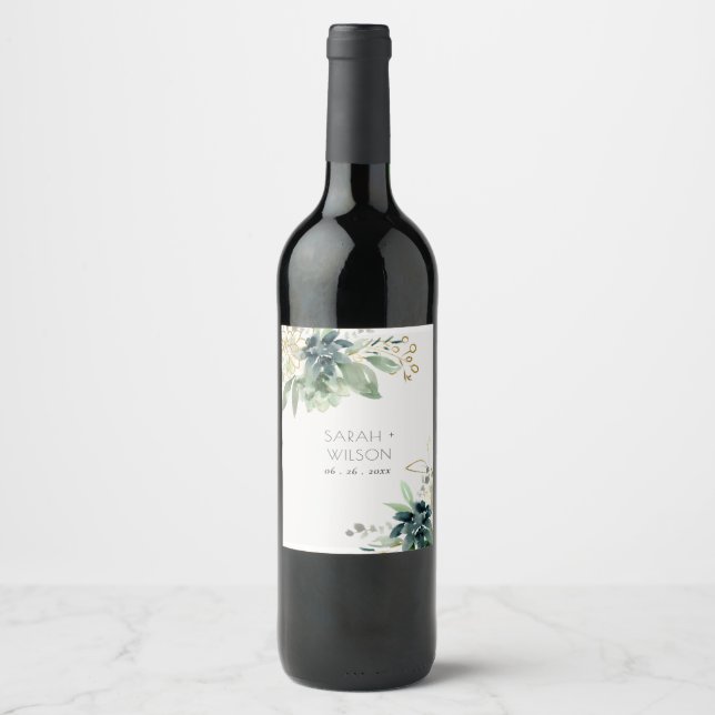 Elegant Dusky Blue Green Succulent Foliage Wedding Wine Label (Front)