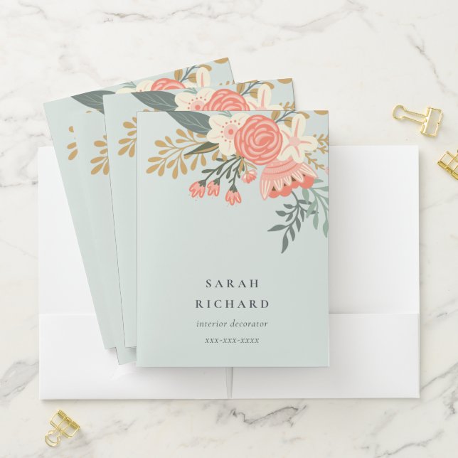 Elegant Dusky Blue Orange Blush Ambrosia Floral  Pocket Folder (In Situ)