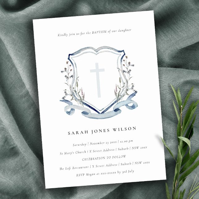 Elegant Dusky Blue Wildflower Cross Crest Baptism Invitation (Creator Uploaded)