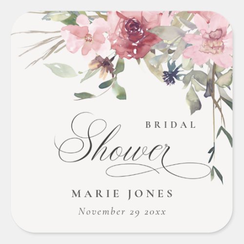 Elegant Dusky Blush Rose Floral Bridal Shower Square Sticker