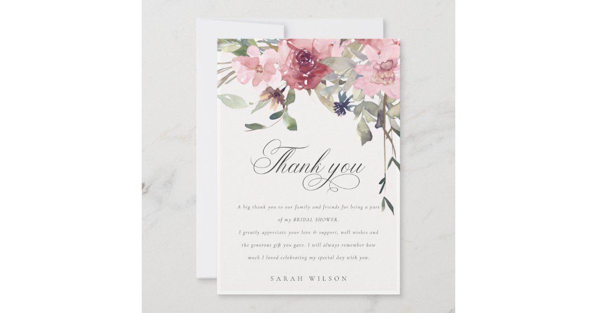 Elegant Dusky Blush Rose Floral Bridal Shower Thank You Card | Zazzle