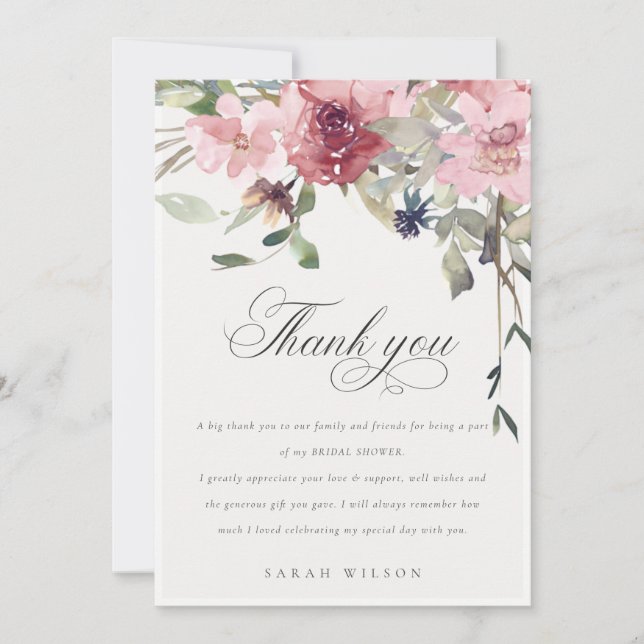 Elegant Dusky Blush Rose Floral Bridal Shower Thank You Card (Front)