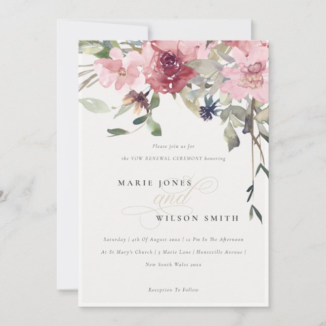 Elegant Dusky Blush Rose Floral Vow Renewal Invite (Front)