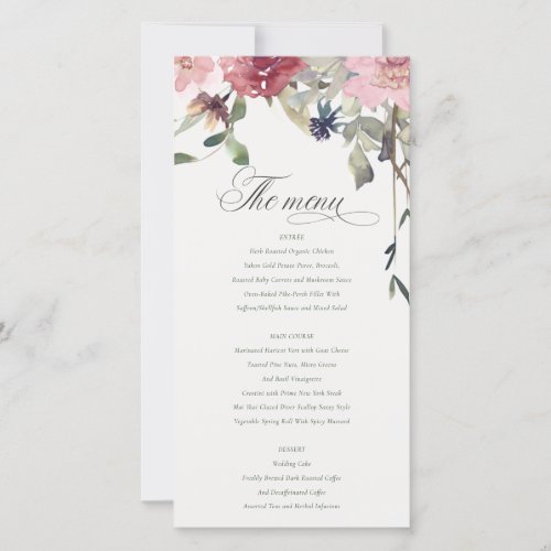 Elegant Dusky Blush Rose Floral Wedding Menu Card