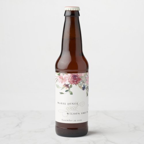 Elegant Dusky Blush Rose Wildflower Floral Wedding Beer Bottle Label