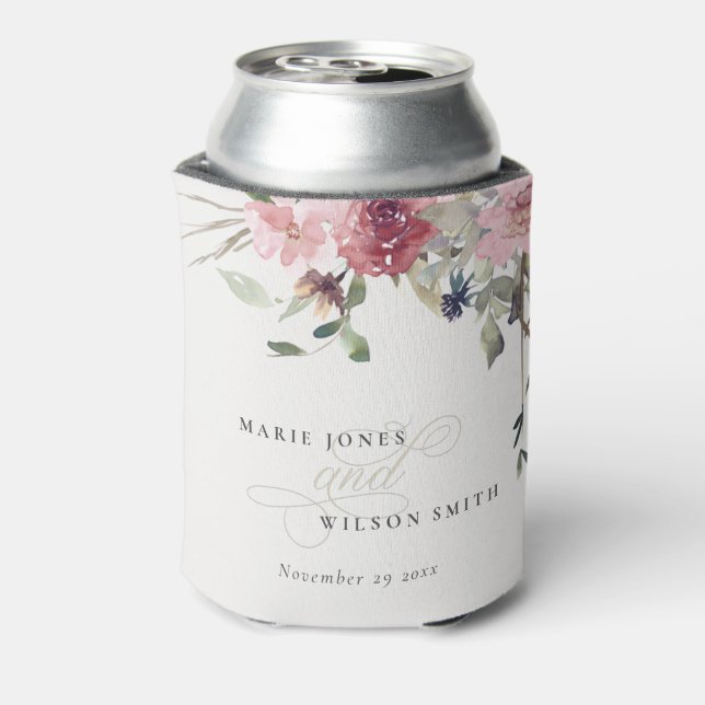 Elegant Dusky Blush Rose Wildflower Floral Wedding Can Cooler (Can Back)