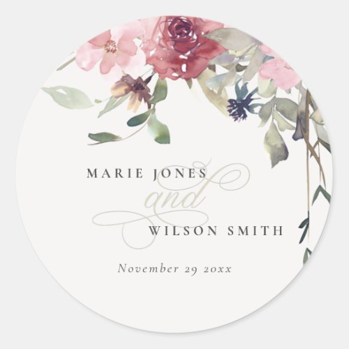 Elegant Dusky Blush Rose Wildflower Floral Wedding Classic Round Sticker