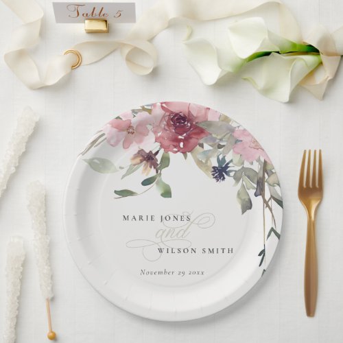 Elegant Dusky Blush Rose Wildflower Floral Wedding Paper Plates