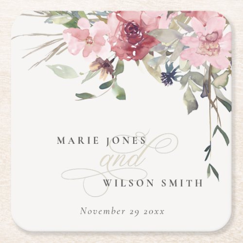 Elegant Dusky Blush Rose Wildflower Floral Wedding Square Paper Coaster