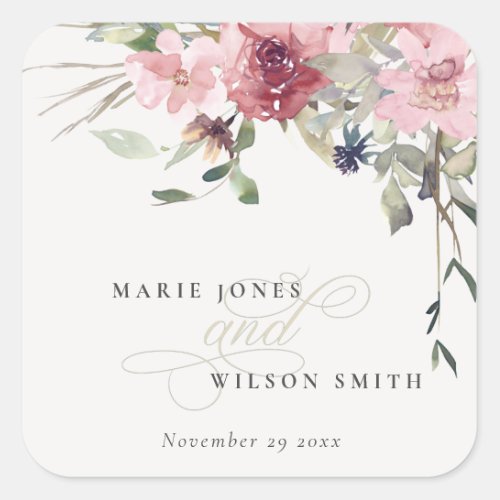 Elegant Dusky Blush Rose Wildflower Floral Wedding Square Sticker