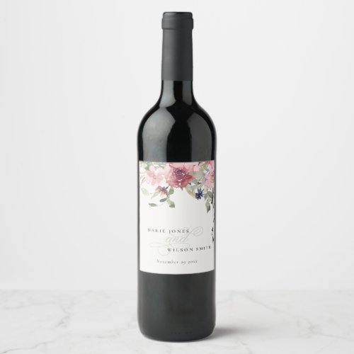 Elegant Dusky Blush Rose Wildflower Floral Wedding Wine Label