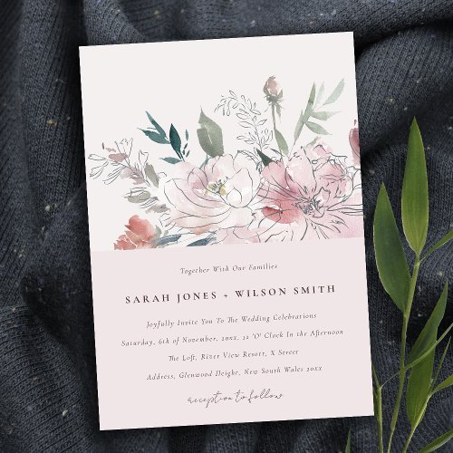 Elegant Dusky Blush Watercolor Floral Wedding Invitation