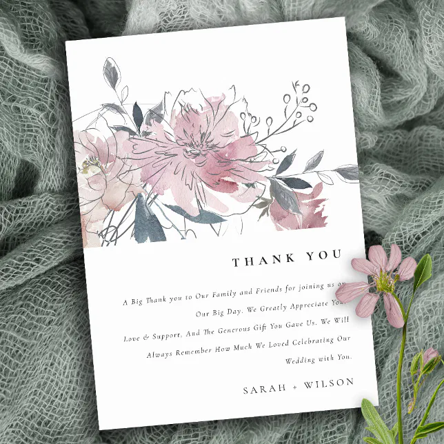 Elegant Dusky Blush Watercolor Floral Wedding Thank You Card | Zazzle