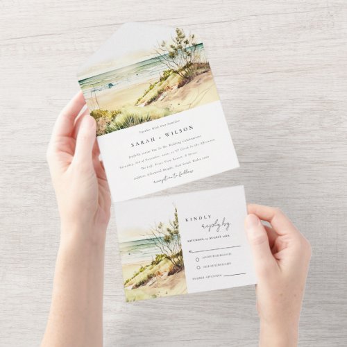 Elegant Dusky Coastal Beach Sun Seascape Wedding All In One Invitation