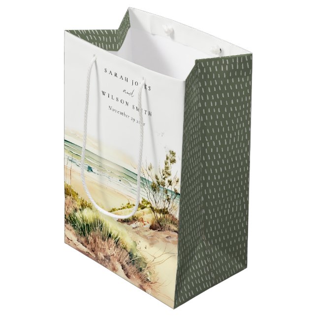 Elegant Dusky Coastal Beach Sun Seascape Wedding Medium Gift Bag (Front Angled)
