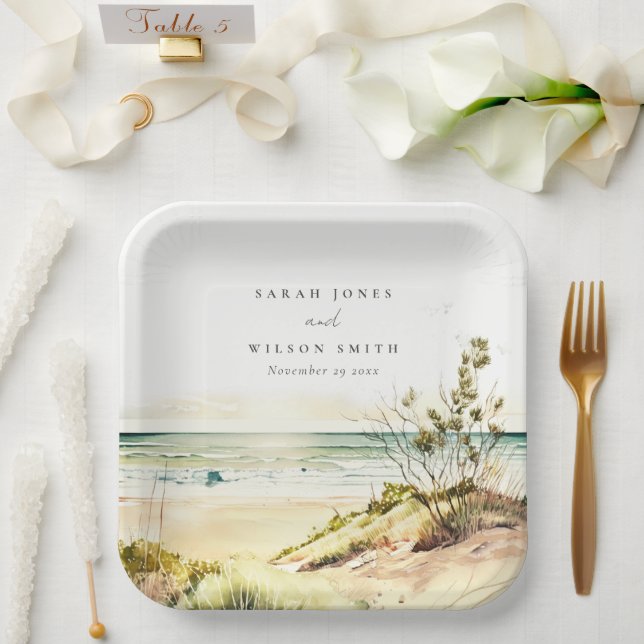 Elegant Dusky Coastal Beach Sun Seascape Wedding Paper Plates (Wedding)