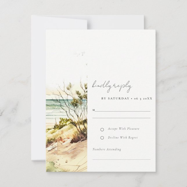 Elegant Dusky Coastal Beach Sun Seascape Wedding RSVP Card (Front)
