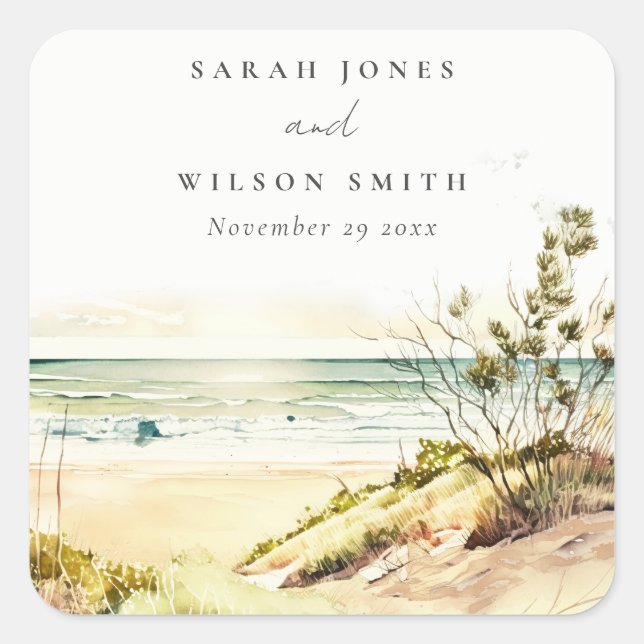 Elegant Dusky Coastal Beach Sun Seascape Wedding Square Sticker (Front)