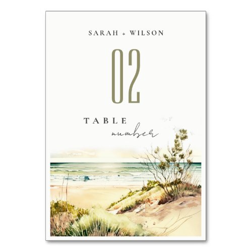 Elegant Dusky Coastal Beach Sun Seascape Wedding Table Number