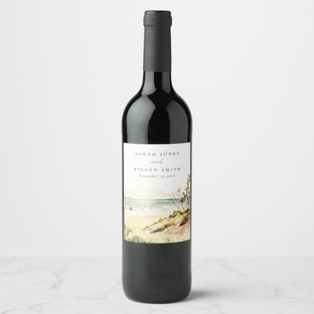 Elegant Dusky Coastal Beach Sun Seascape Wedding Wine Label (Front)