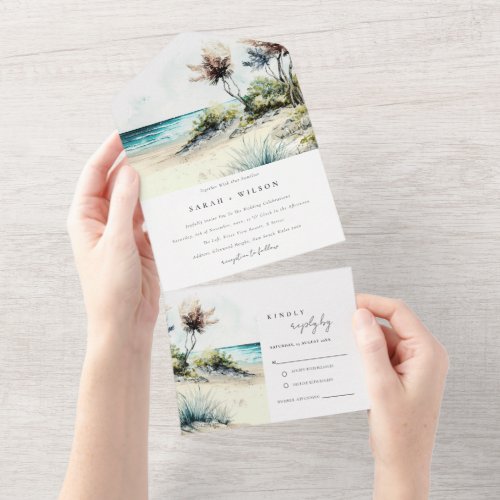 Elegant Dusky Coastal Palm Beach Seascape Wedding All In One Invitation