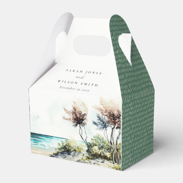 Elegant Dusky Coastal Palm Beach Seascape Wedding Favor Boxes (Front Side)