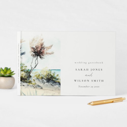 Elegant Dusky Coastal Palm Beach Seascape Wedding Guest Book