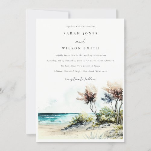 Elegant Dusky Coastal Palm Beach Seascape Wedding Invitation