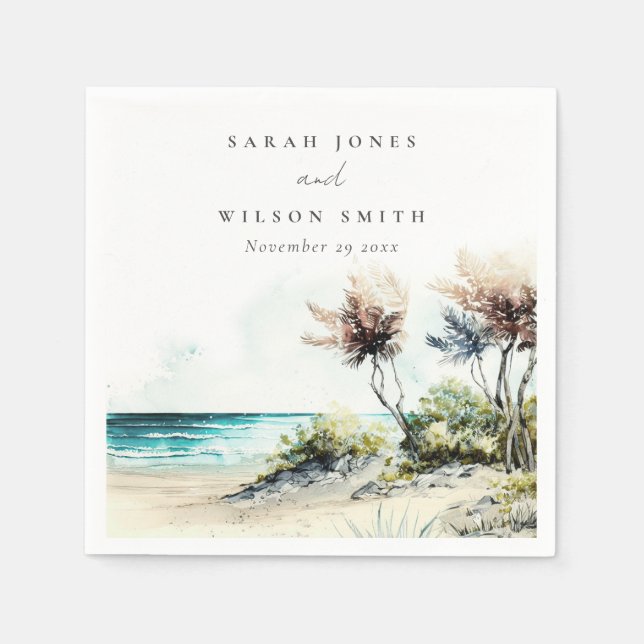 Elegant Dusky Coastal Palm Beach Seascape Wedding Napkins (Front)