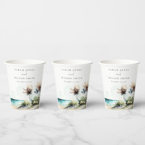Elegant Dusky Coastal Palm Beach Seascape Wedding Paper Cups
