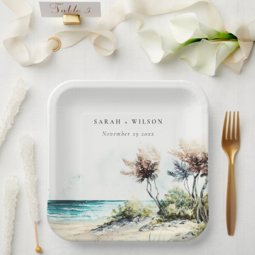 Elegant Dusky Coastal Palm Beach Seascape Wedding Paper Plates