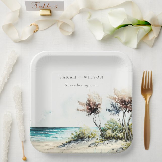 Elegant Dusky Coastal Palm Beach Seascape Wedding Paper Plates (Wedding)