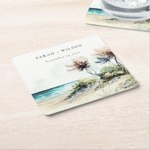 Elegant Dusky Coastal Palm Beach Seascape Wedding Square Paper Coaster