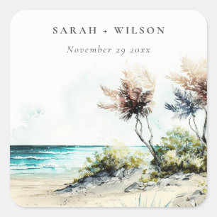 Elegant Dusky Coastal Palm Beach Seascape Wedding Square Sticker