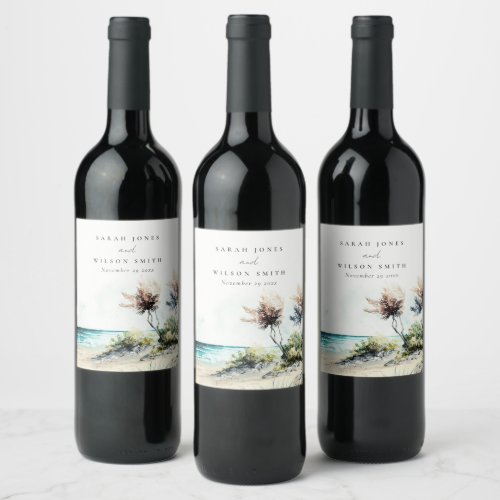 Elegant Dusky Coastal Palm Beach Seascape Wedding Wine Label