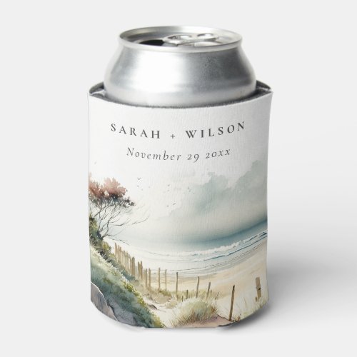 Elegant Dusky Coastal Sand Beach Seascape Wedding Can Cooler