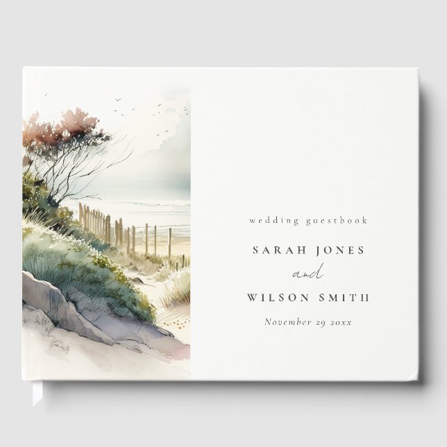 Elegant Dusky Coastal Sand Beach Seascape Wedding Guest Book (Front)