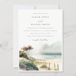 Elegant Dusky Coastal Sand Beach Seascape Wedding Invitation